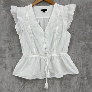 J. Crew Flutter Sleeve V Neck Peplum Waist Tassel Tie White Cotton Top